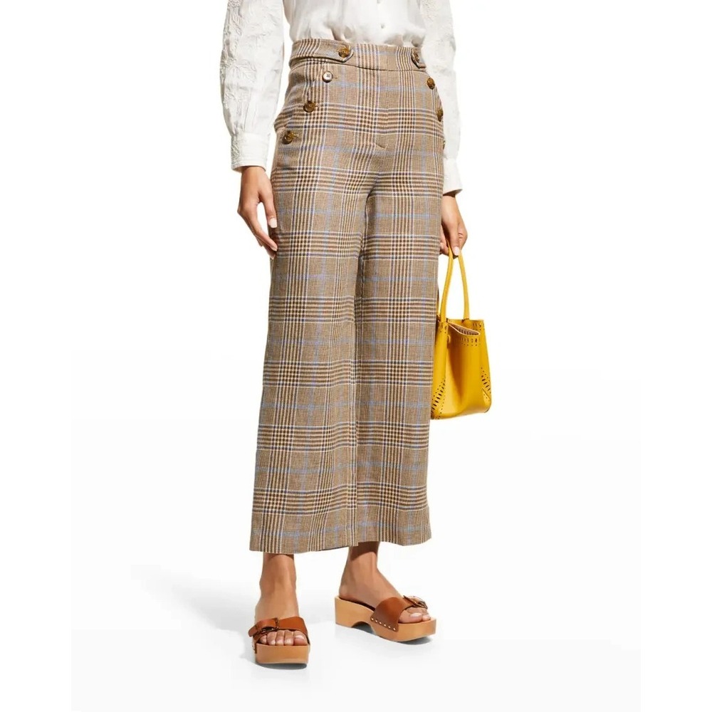 Veronica Beard Hunter Crop Pants Women's 6 Brown/Blue Plaid Wide Leg Linen Blend